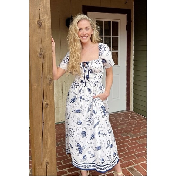 NWT Moon River Size S Nautical Sailor Print Smocked Midi Dress Retro 50s 60s - Picture 7 of 7